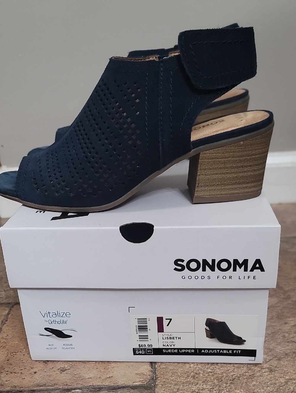 SONOMA Navy Perforated Suede Peep-Toe Block Heel Sandals